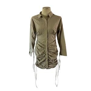 L Academie Beige Tan Mini Shirt Dress Ruched Skirt Tie Sleeves Sz S